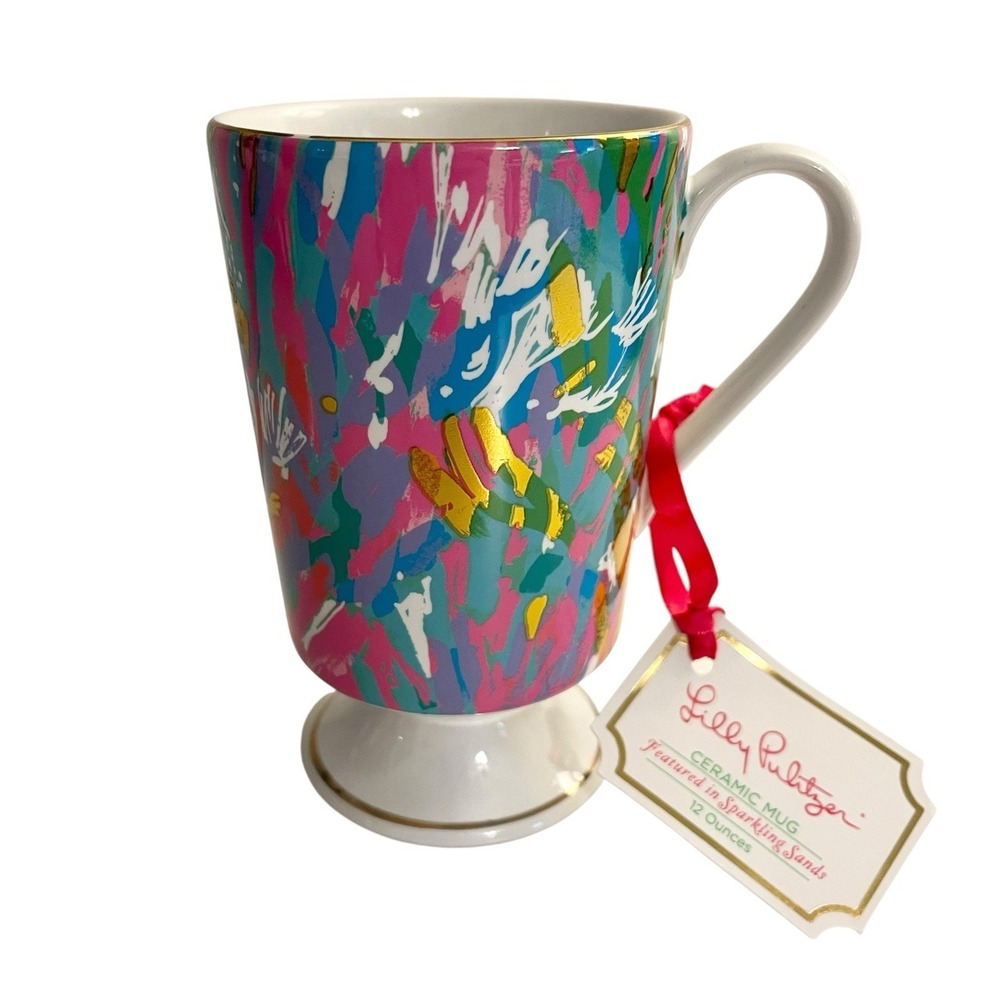 Lilly Pulitzer Sparkling Sands Pedestal Mug 12 Oz Metallic Colorful Abstract Art